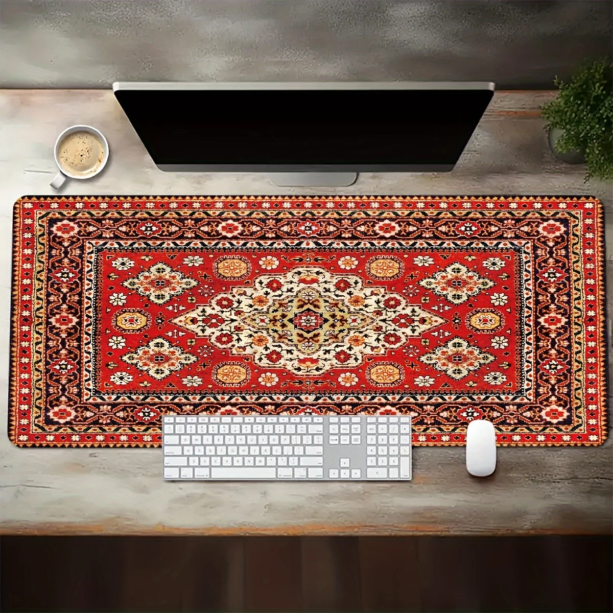 Persian Style Bohemian Large MousePad Rubber Gaming Keyboard Desk Mat with Non-Slip Base and Seamed Edges for Home Office