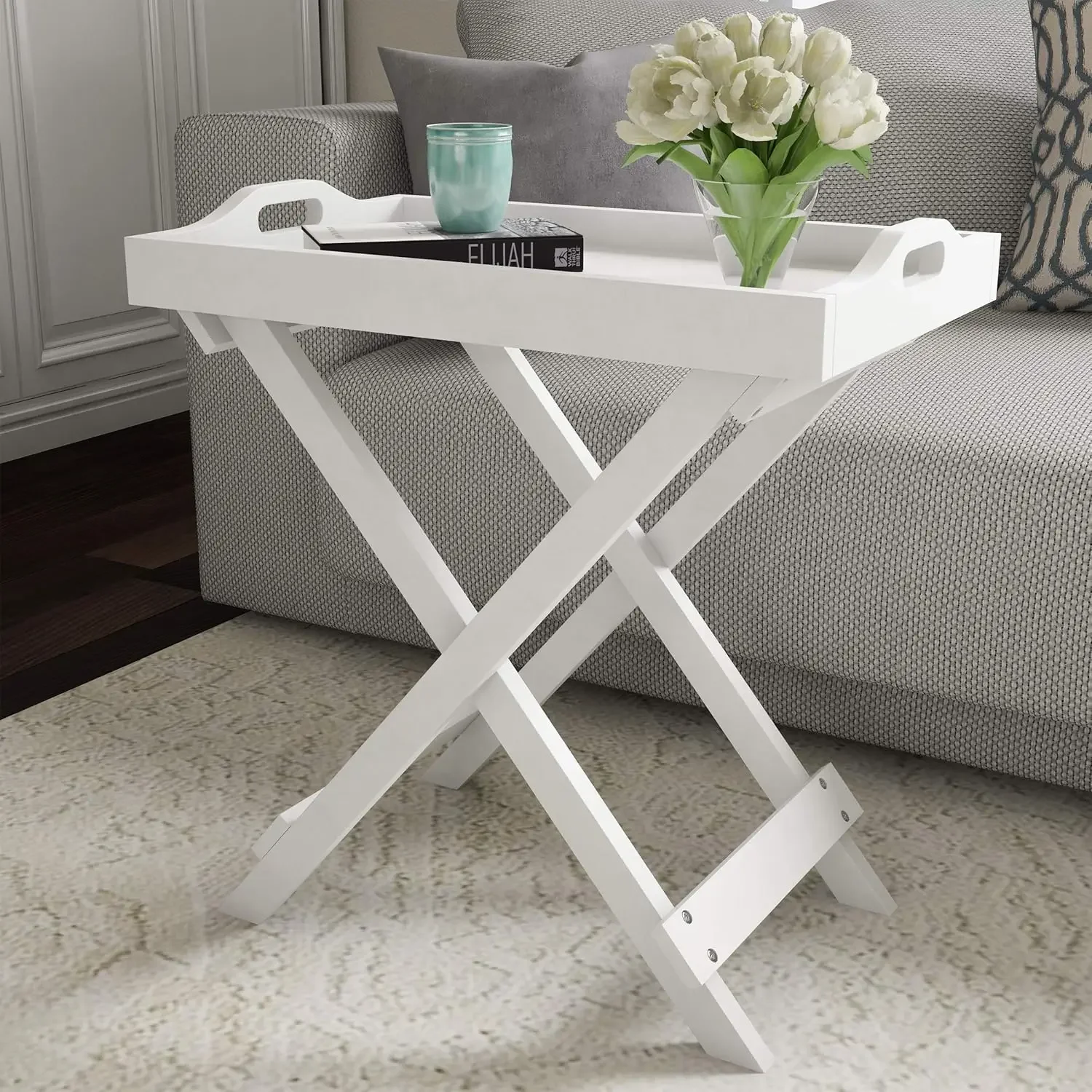 Folding End Table - Wooden Stand with Removable TV Tray for Serving or Décor - Night Stand, Living Room, or Entryway Table