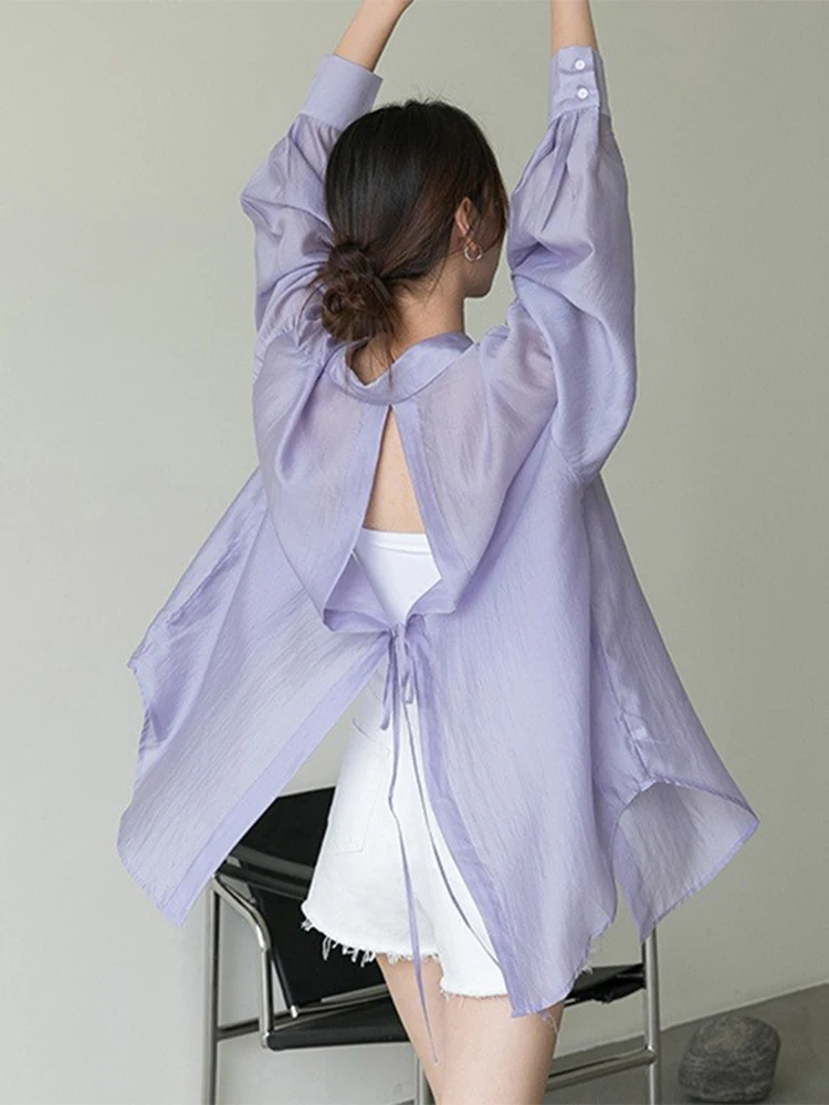 Women's Summer Lightweight Silk Shirts Sun Protection Backless Tie Drape Cardigan Spring Autumn Transparent Breathable Outerwear