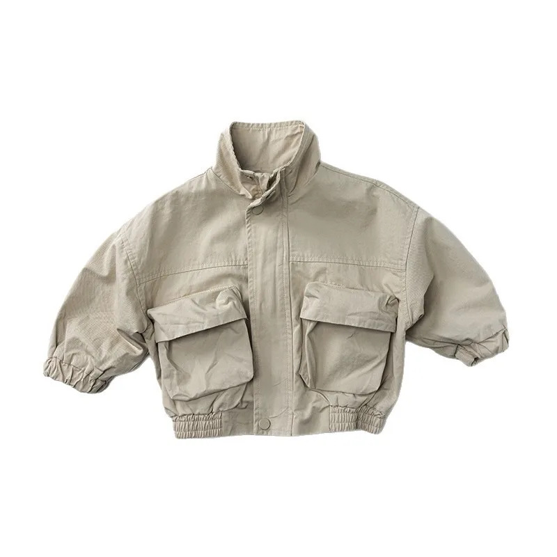 Korean Style Kids Cotton Cargo Jacket Boys Girls Stand Collar Loose Pocket Casual Outerwear