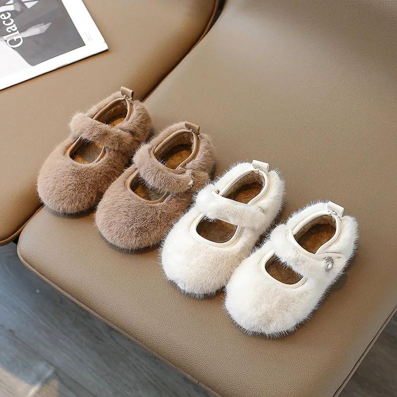 Girls Princess Shoes 2023 Winter Kids Flats Fashion Brand Mary Jane Warm Fur Shoes Toddler Party Dress Dance Ballet Soft Sole