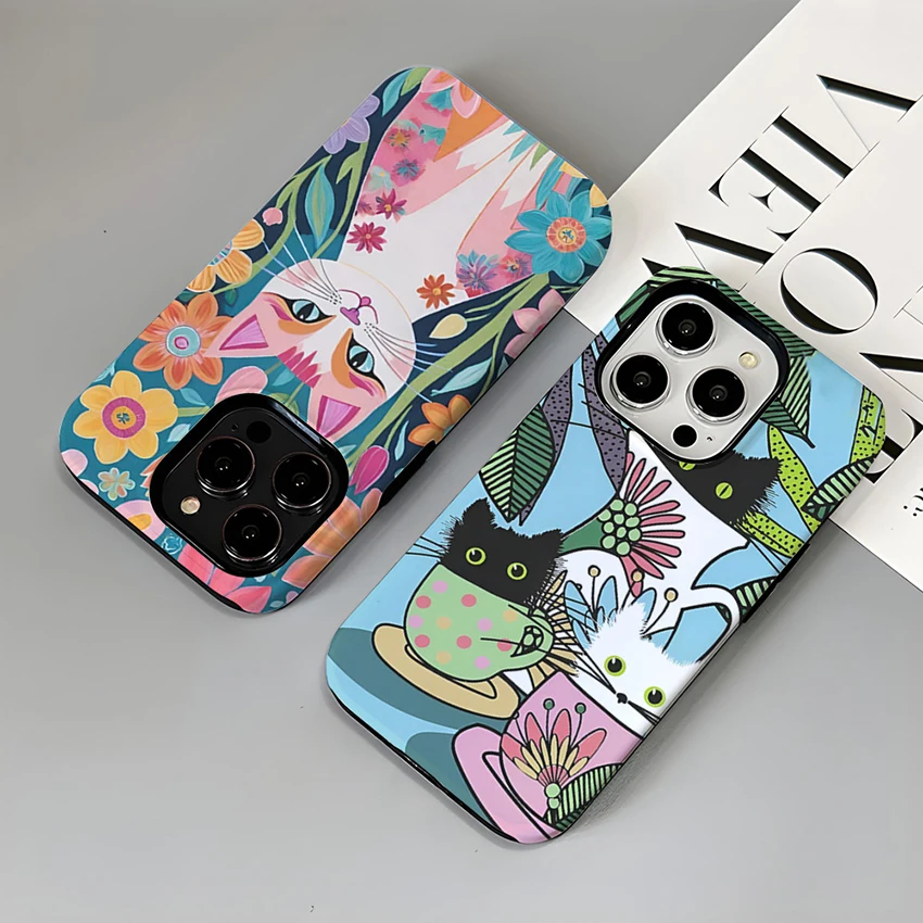 Custodia per telefono gattino colorato per Iphone 17 16 15 14 13 Pro 12 11 Max Plus 16Pro Custodia per telefono a doppio strato Creative 15Pro Cover Shell