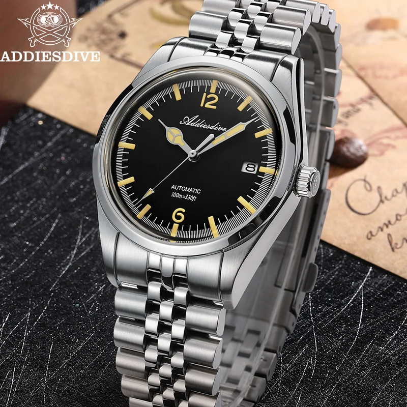 Addiesdive relógio masculino automático de aço inoxidável calendário exibição negócios lazer c3 luminoso à prova dwaterproof água 100m relógio de pulso ad2038