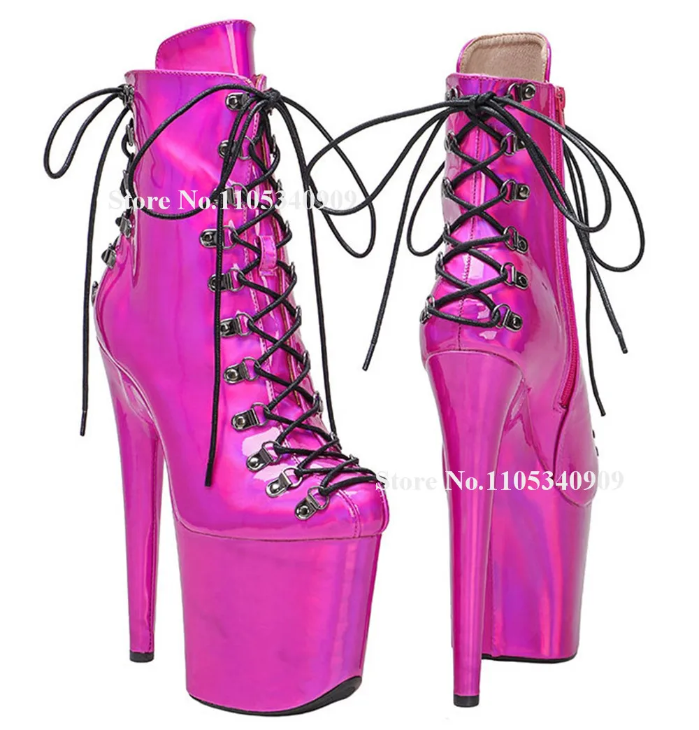 Bondarenko Strappy Buckles Cross Stiletto Heel Short Boots Sexy Round Toe Lace-up High Platform 20cm Thin Heel Stage Dance Shoes