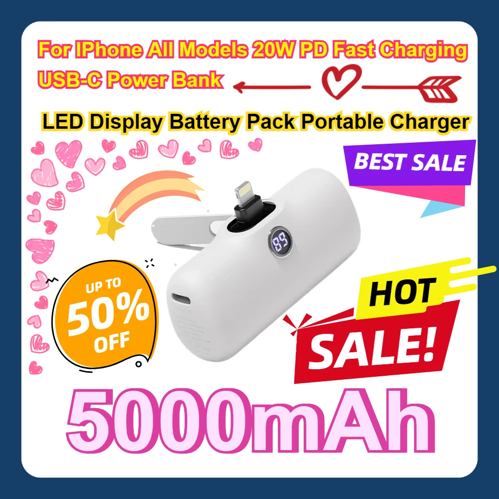 

For IPhone All Models 20W PD Fast Charging USB-C Power Bank LED Display 5000mAh Battery Pack PowerBank Portable Charger