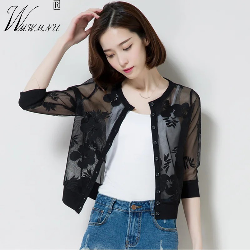 New Summer Half Sleeve Crop Jacket Women Elegant Thin Mesh Lace Tops Round Neck Short Black Cardigan Button Flower Jacket Mother
