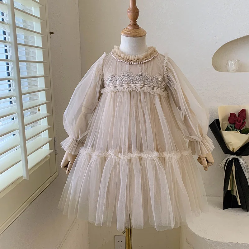 Vestido de Princesa com Renda para Meninas, Estilo Coreano, Vestido Infantil de Conto de Fadas, Saia de Malha em Cor Pura