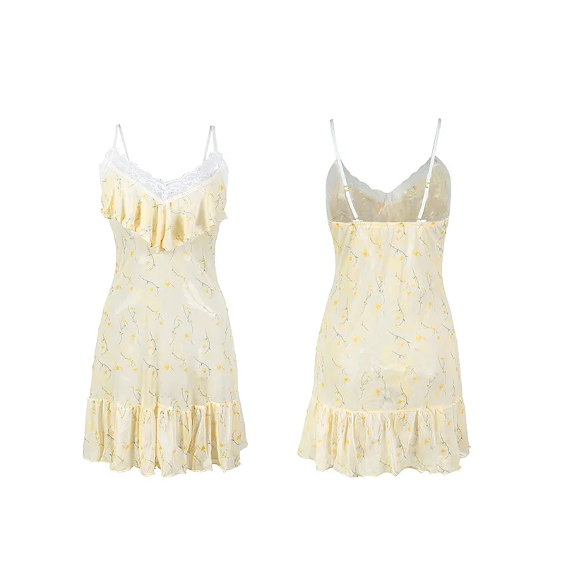 섹시한 순수한 욕망 레이스 시스루 메쉬 유혹 스트랩 스커트 플로럴 미니멀 얇고 편안한 개인 공간 잠옷 스커트