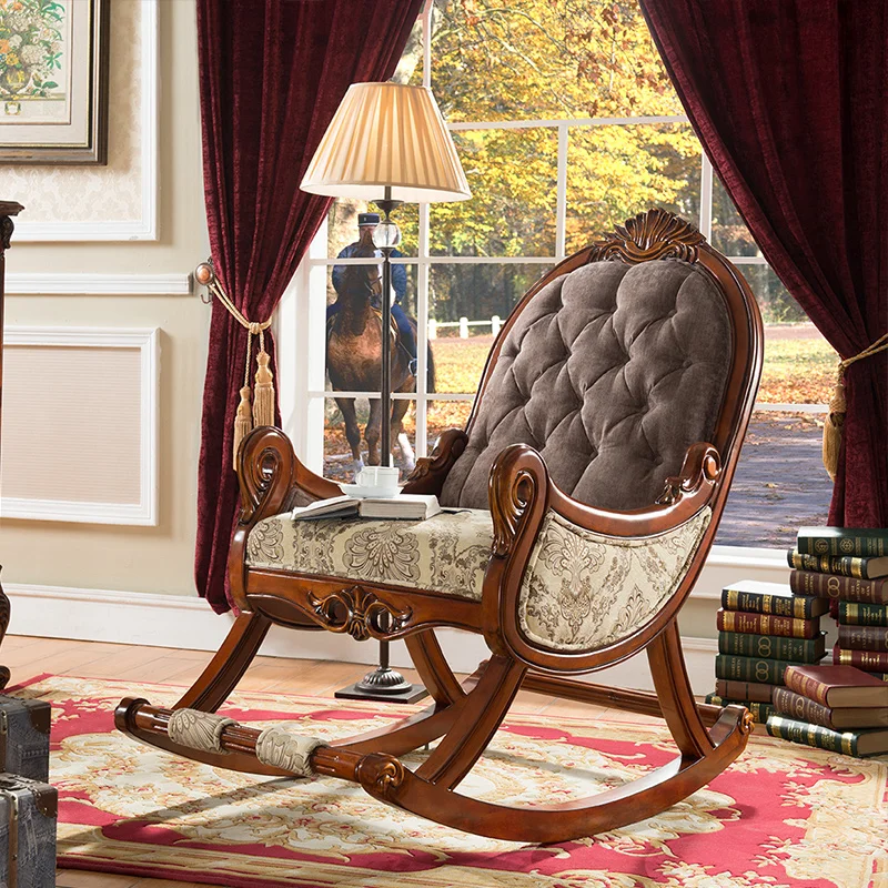 European-Style Solid Wood Rocking Chair American Fabric Sofa Recliner Leisure Chair