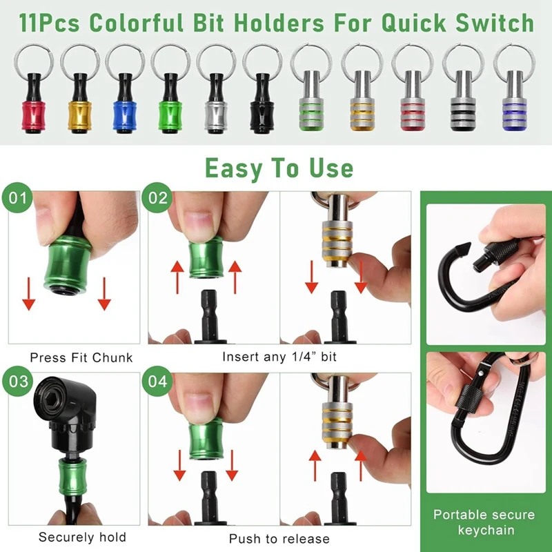 NEW-18PCS Bit Holder Keychain Gadgets,Right Angle Drill Adaptor, 1/4Inch 3/8Inch 1/2Inch Drill Socket Adapter,11P Bit Holder