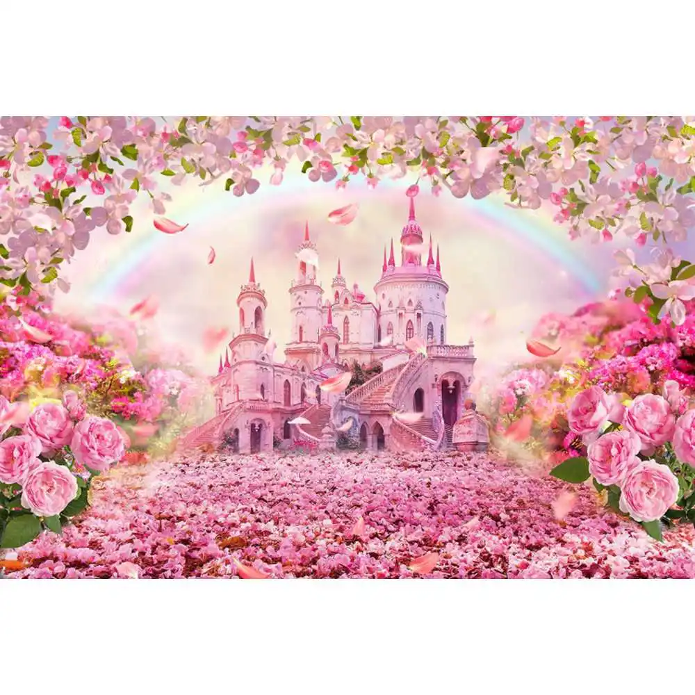 Spring Castle Floral Sea Photography Backdrop Wonderland Park Pink Castle Flower Princess Baby Birthday Wedding Photo Background