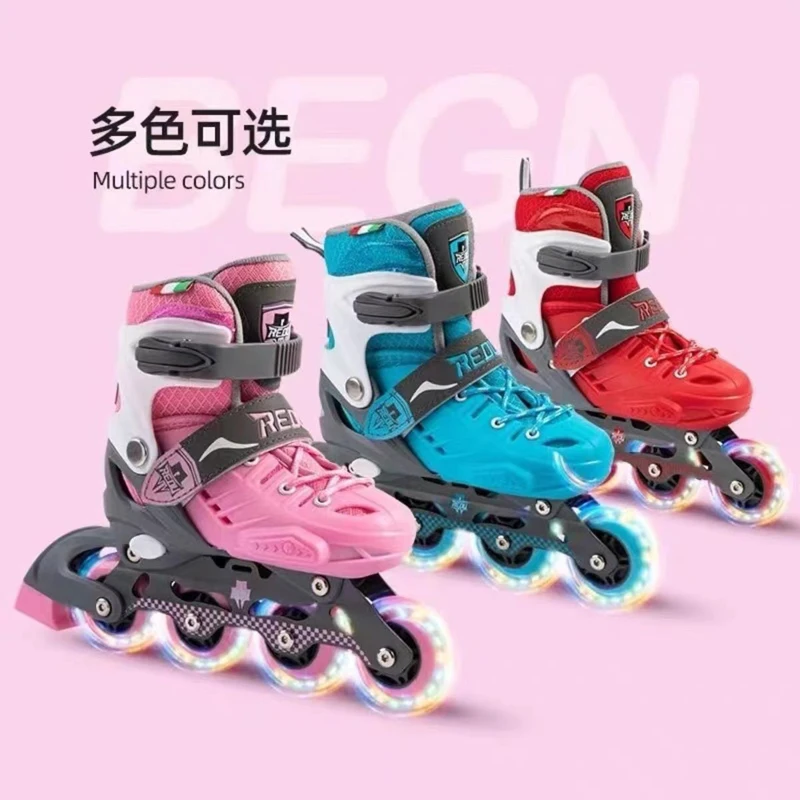 Adjustable Roller Inline Skates Patins with Flash, 4-Wheel Speed, Single Row, Quad Sliding Sport, Kids, Adult, 3 Sizes