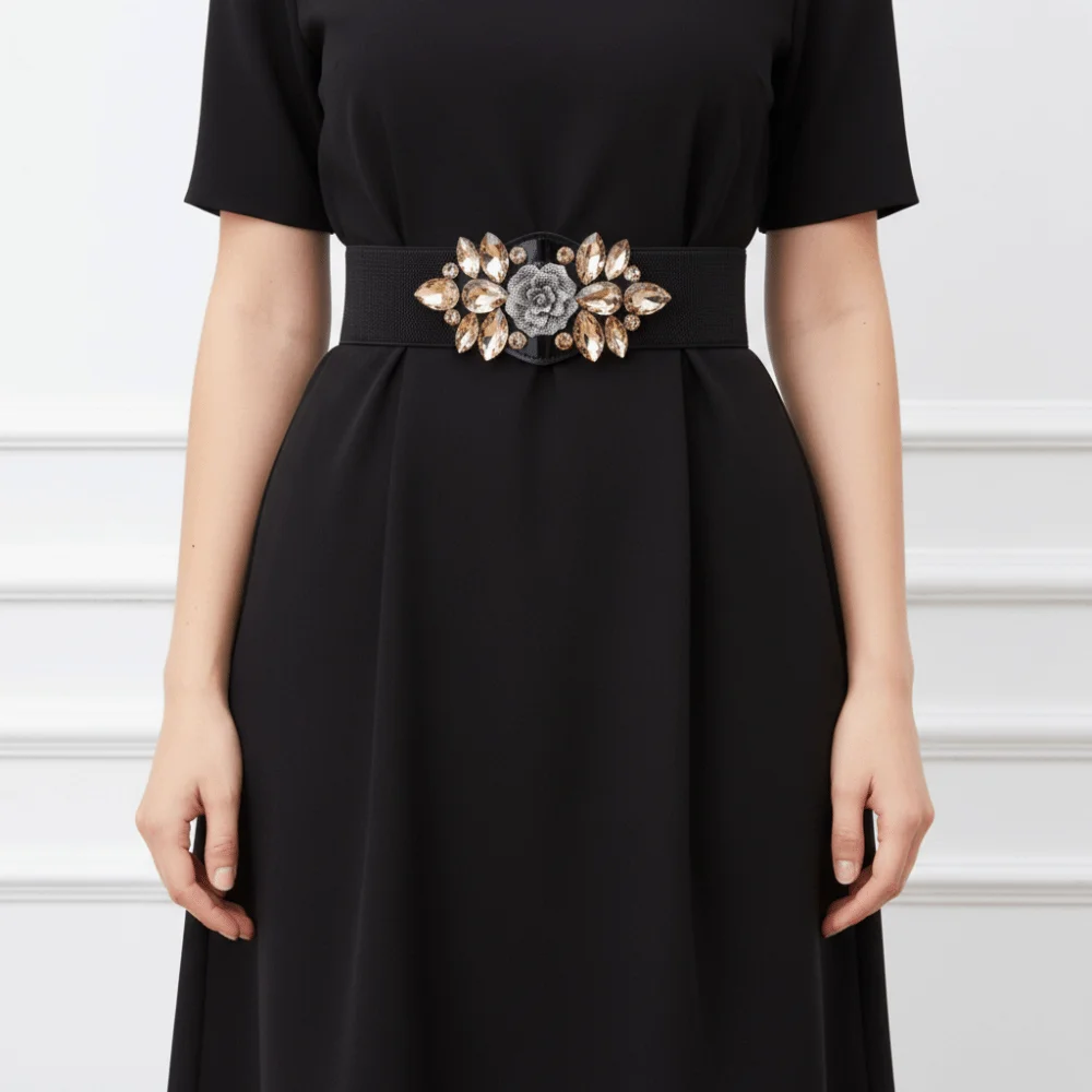 Casual Rose Flower Elastische Cumberbanden Brede Koreaanse Stijl Vrouwen Tailleband Riem Riem Zwarte Strass Taille Riem Vrouwen