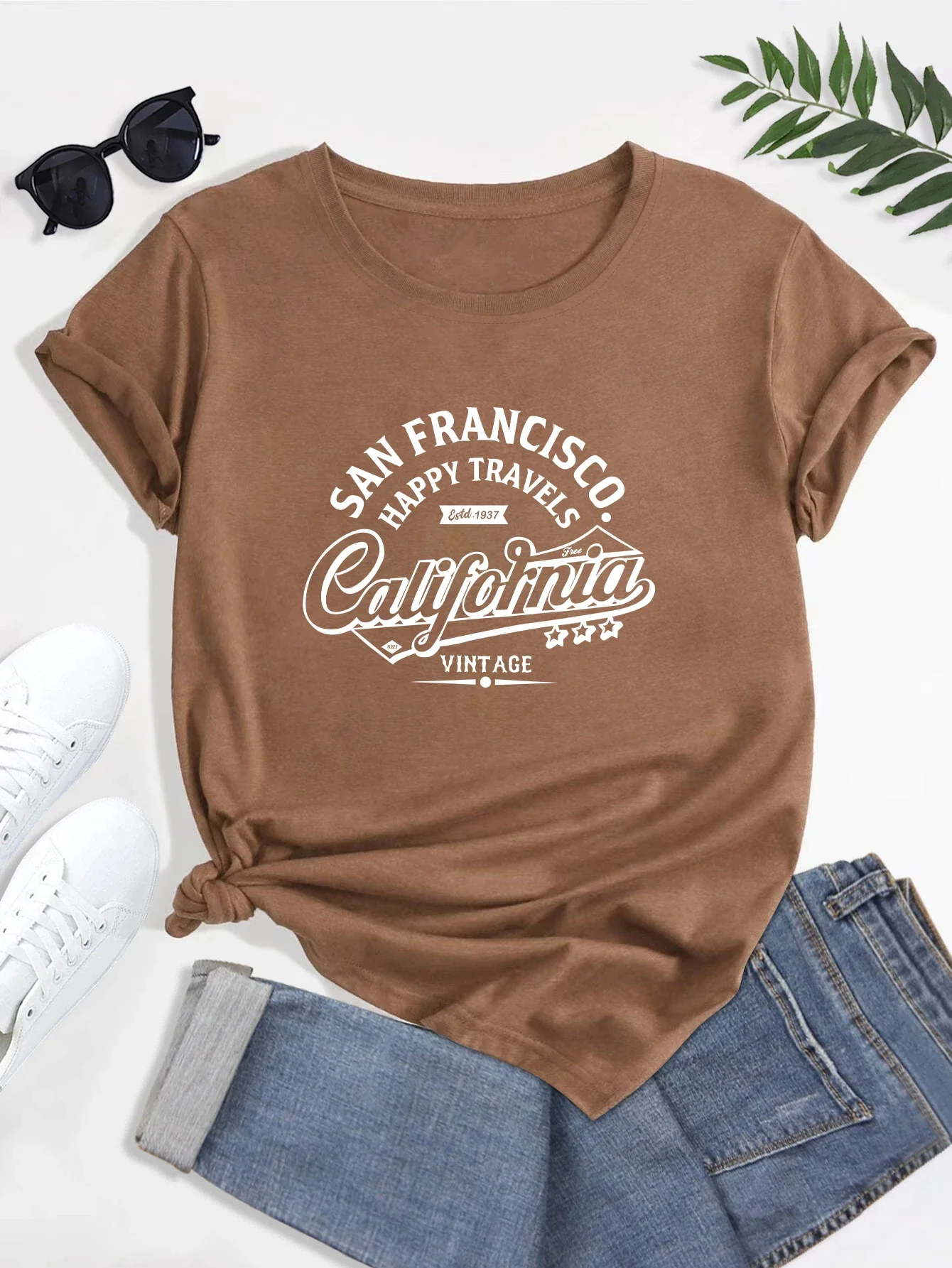 Fashion Summer T Shirt Plus Size San francisco happy travels Tee Tops,Print Crew Neck T-shirt,Women's Casual Loose Short Sleeve