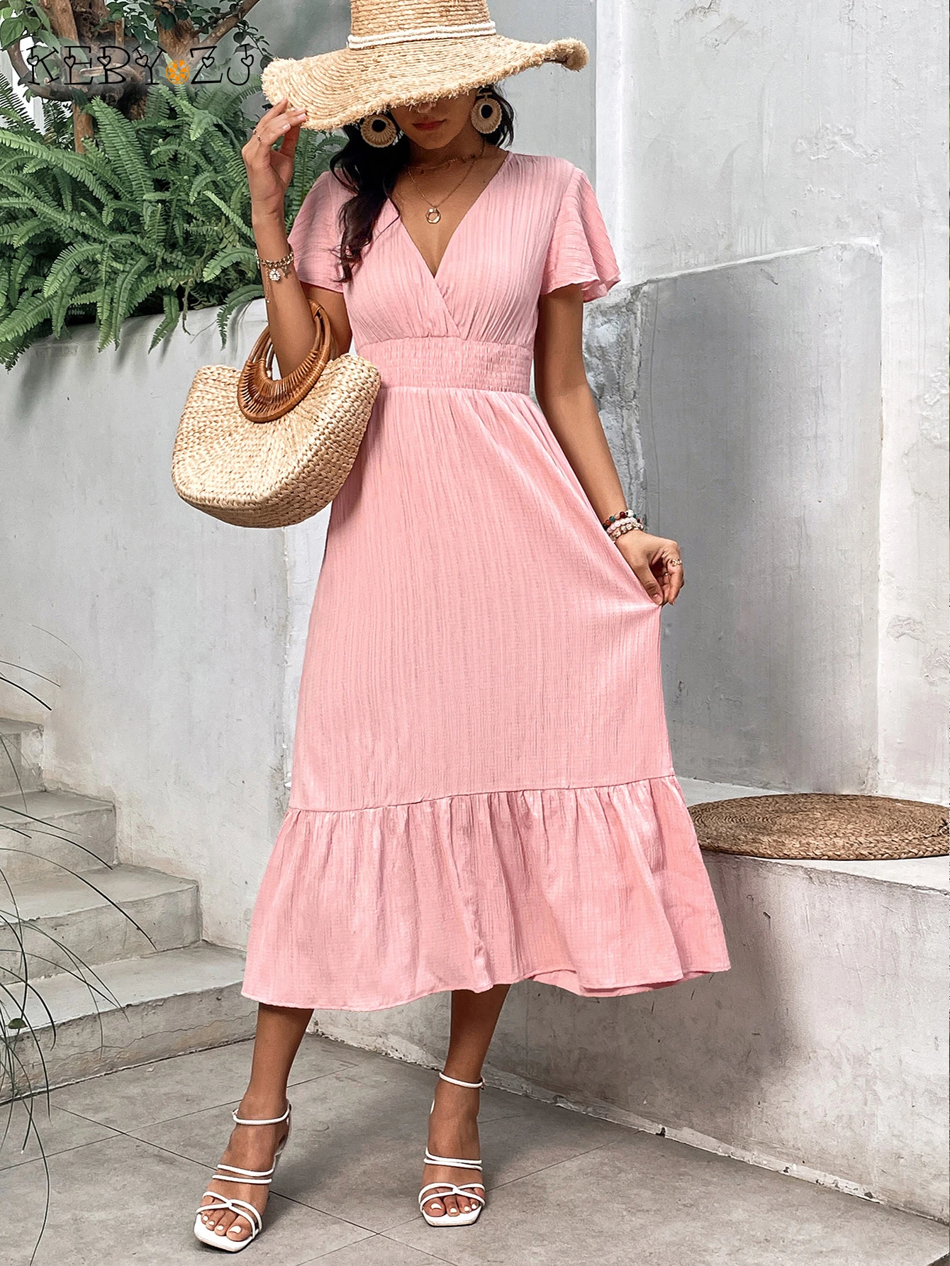 KEBY ZJ Fashion Summer Dresses for Women 2023 Casual V-neck Short Sleeve Maxi Dress Female Elegant Holiday Party Long Dresses