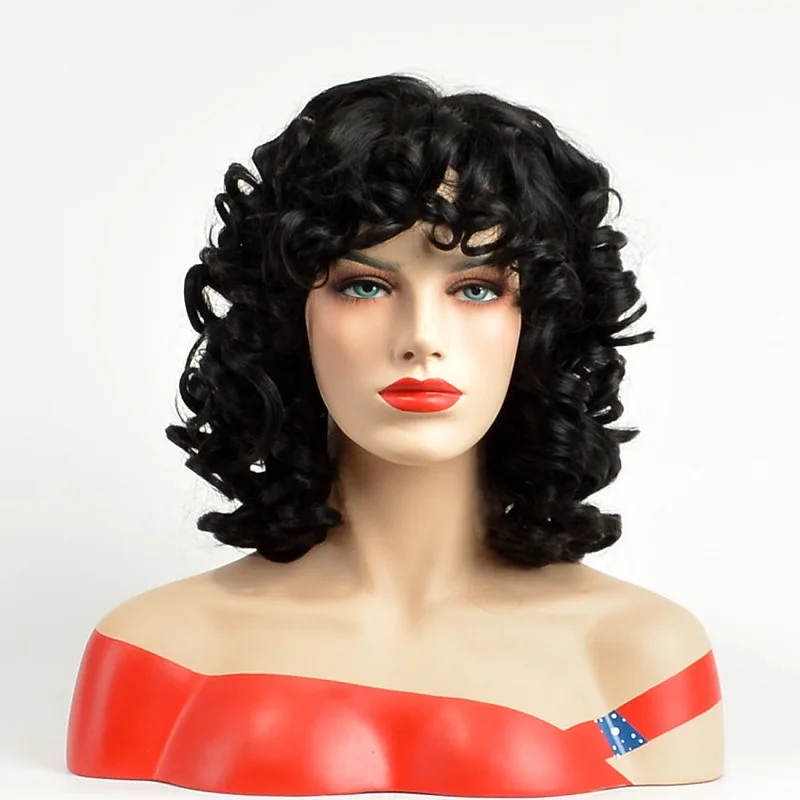 Peruca preta curta encaracolada de 12 polegadas, resistente ao calor e respirável, estilo retrô para passeios diários e temáticos