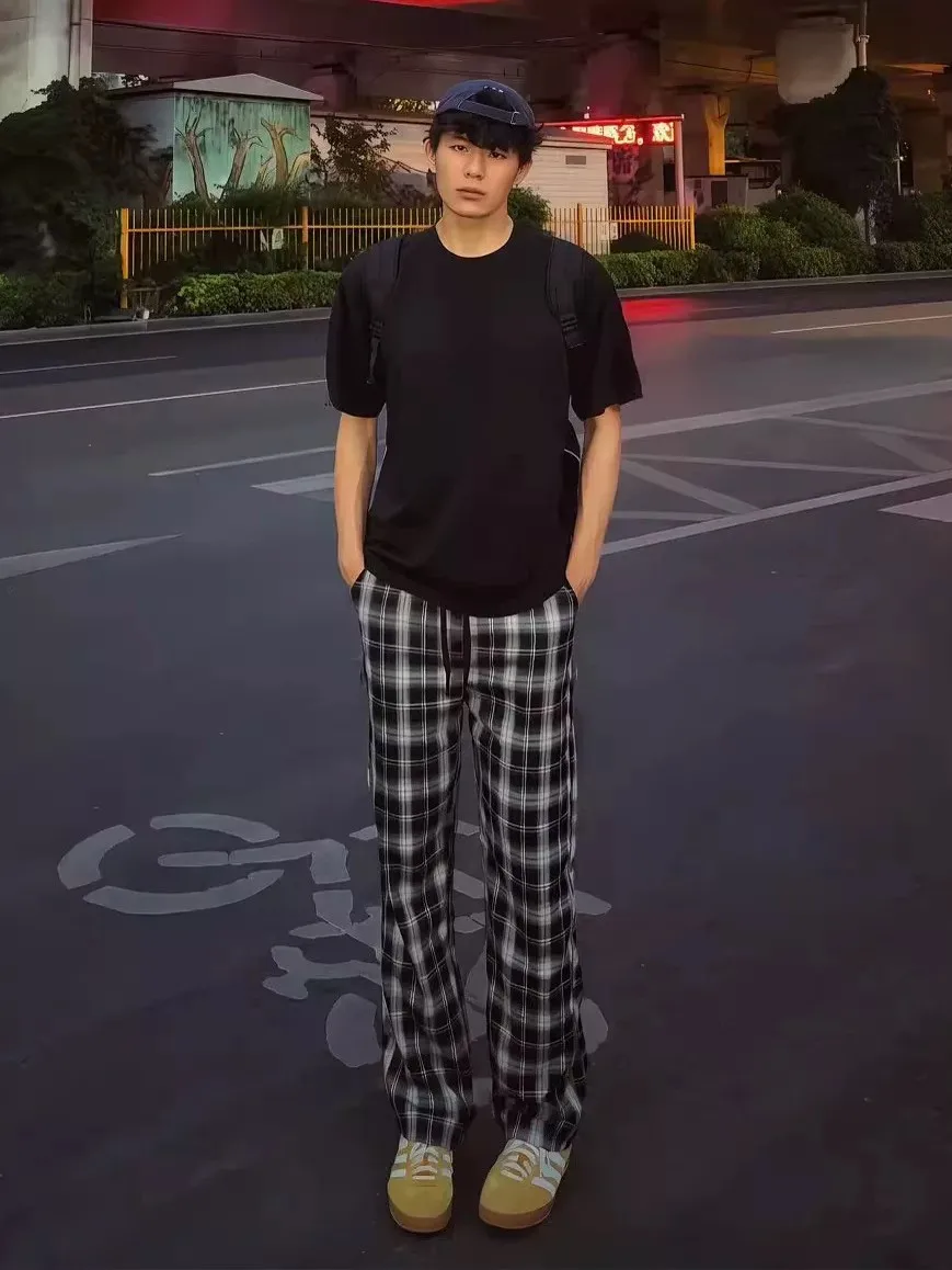 Plones Deportivos Hoados de Estilo Americano con Cintura Elástica y Estampado a Cuadros para Hombre, Plones Largos ...