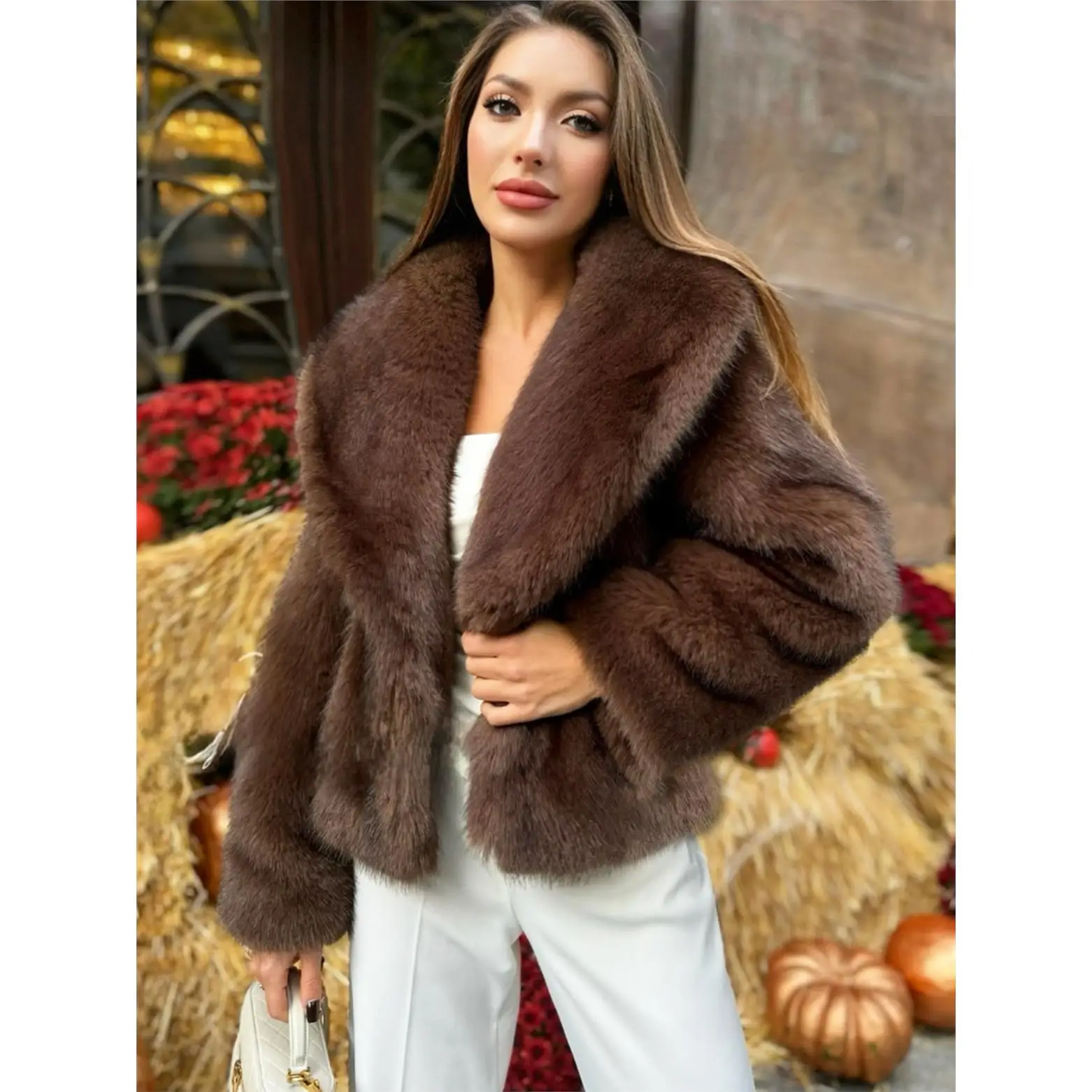 Thickened Autumn Winter Outerwear Women's Fashionable Fake Fur Coat Warm Plush 3D Effect  Fur Collar Long Sleeve Commute S...