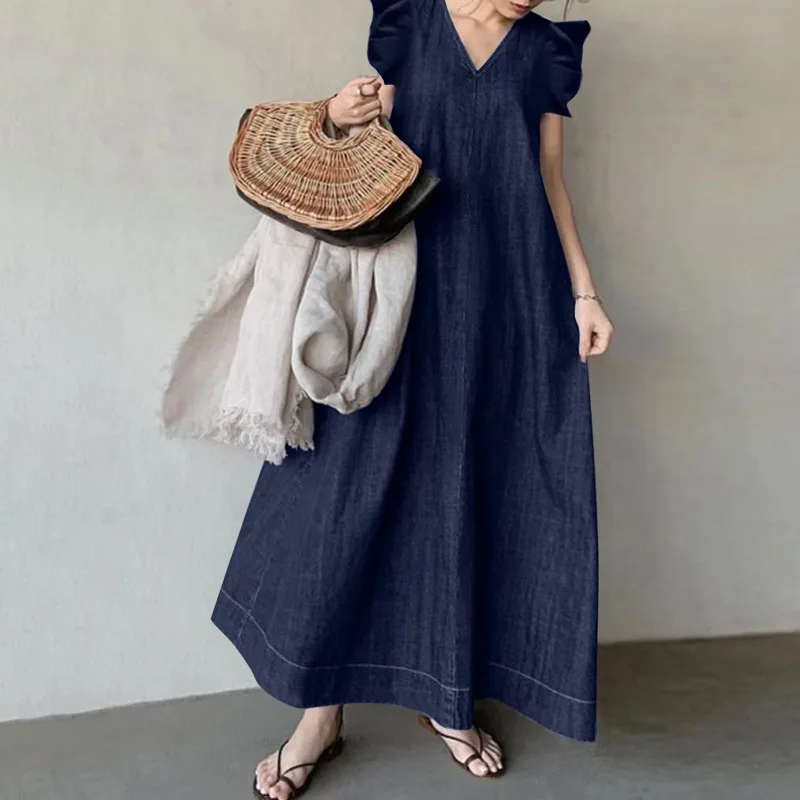 

Spring New Women Denim Dress Solid Color Elegant V Neck Boho Style Loose Plus Size Long Maxi Dress Casual Fashion Commute Wear