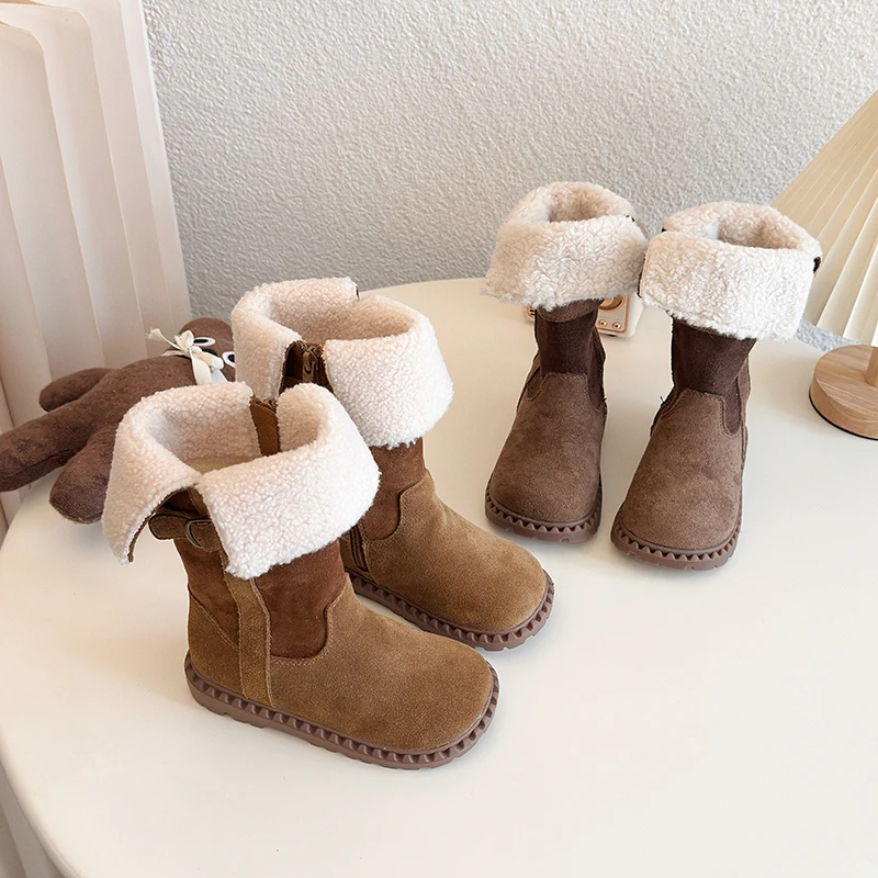 

Новые зимние детские хлопковые сапоги, однотонные нескользящие модные ботинки до середины икры для девочек, уличные детские ботинки до середины икры, трендовая горячая распродажа