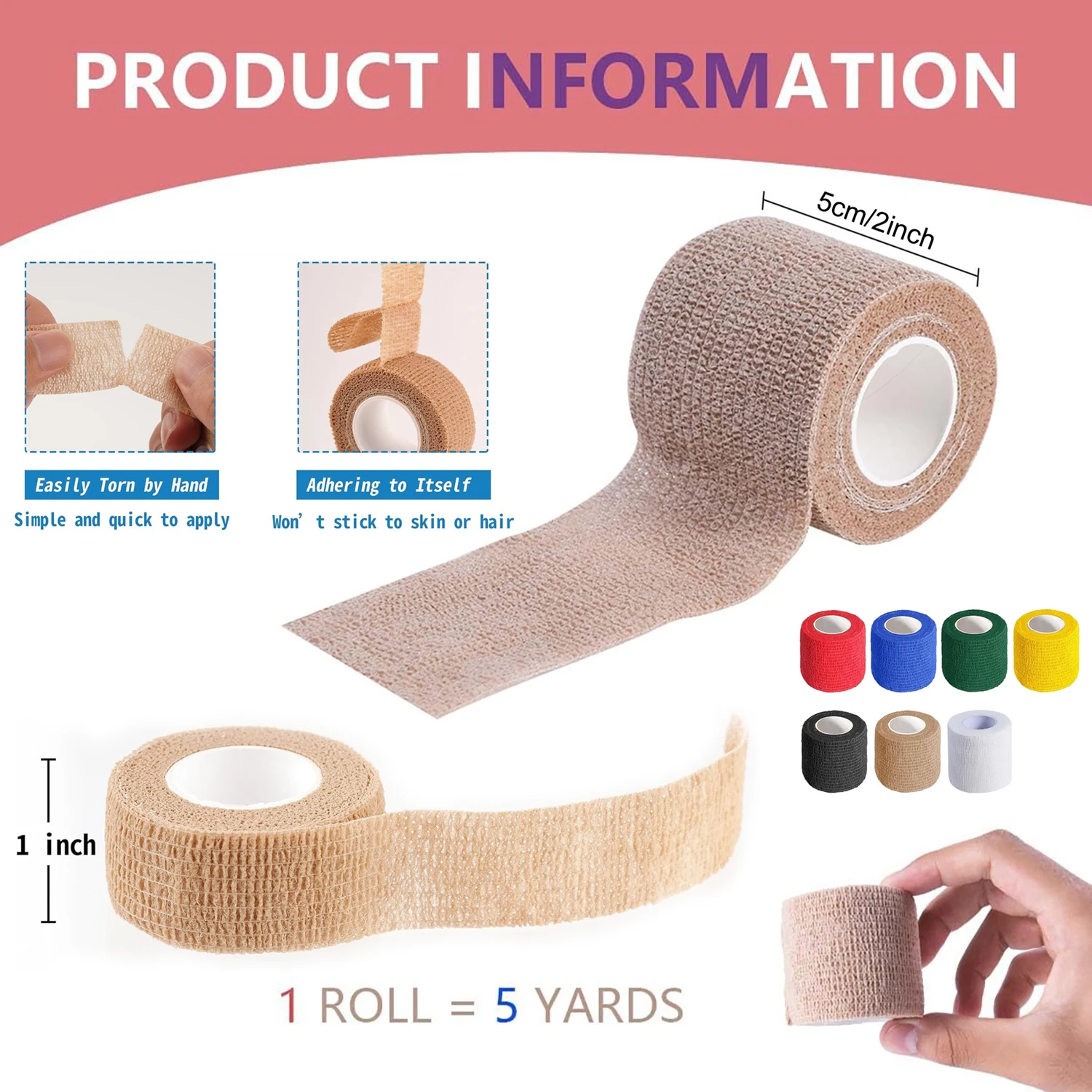 6 Stück elastisches, selbstklebendes Sportband, nicht gewebte, kohäsive Bandagenwickel, Haustierbandagen für Hunde, Katzen, Pferde, Knöchel-, Knie- und Handgelenkstütze – Detail 1