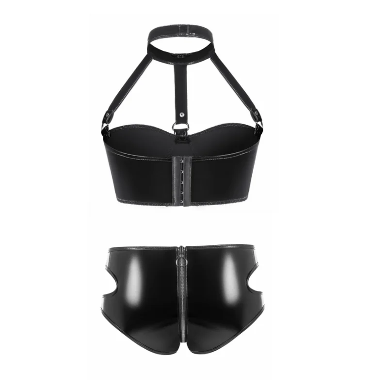 Damen-Dessous, Intim-Unterwäsche-Set, Rave Wet-Look, Lackleder, ohne Bügel, ohne gepolstertes Bauch-BH-Oberteil mit Reißverschluss, Slip