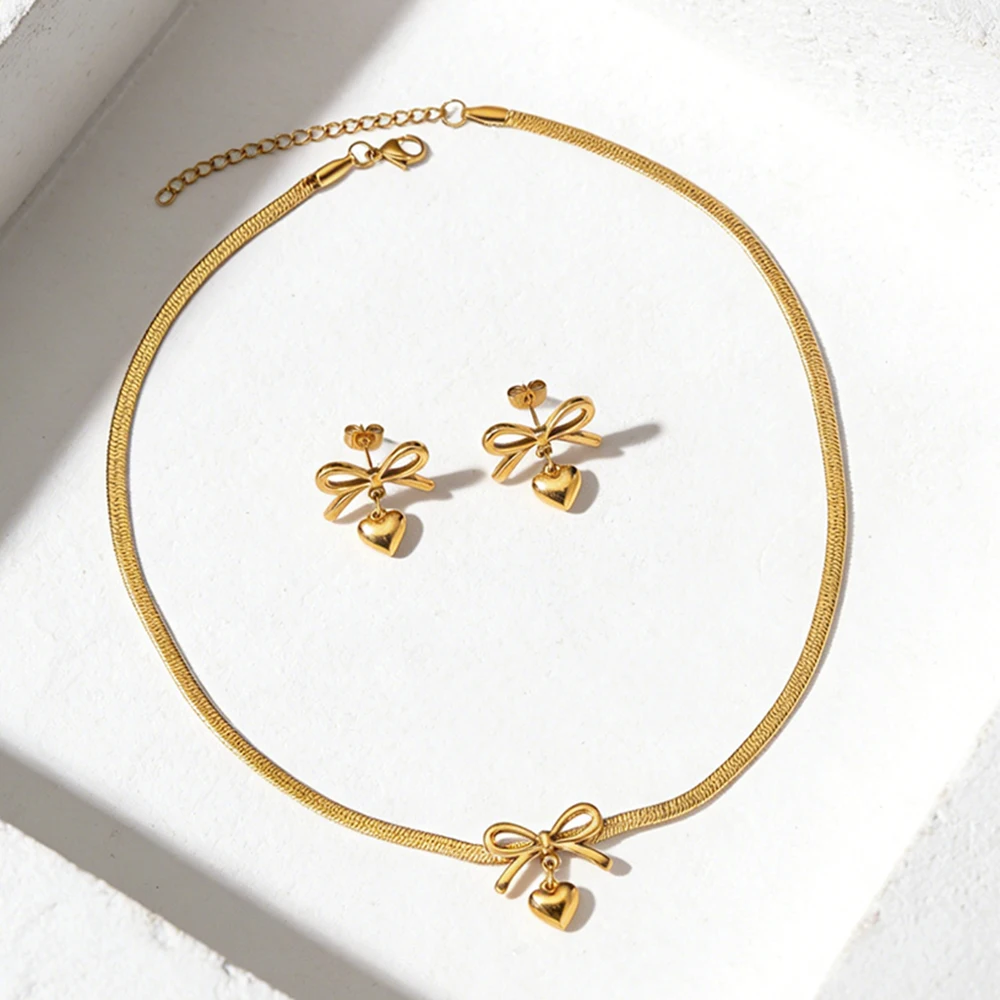 DOTIFI Stainless Steel Jewelry Set Leaf-Chain Necklace and Earrings with Elegant Bow Design – 2-Piece Set Women's Jewelry Gift