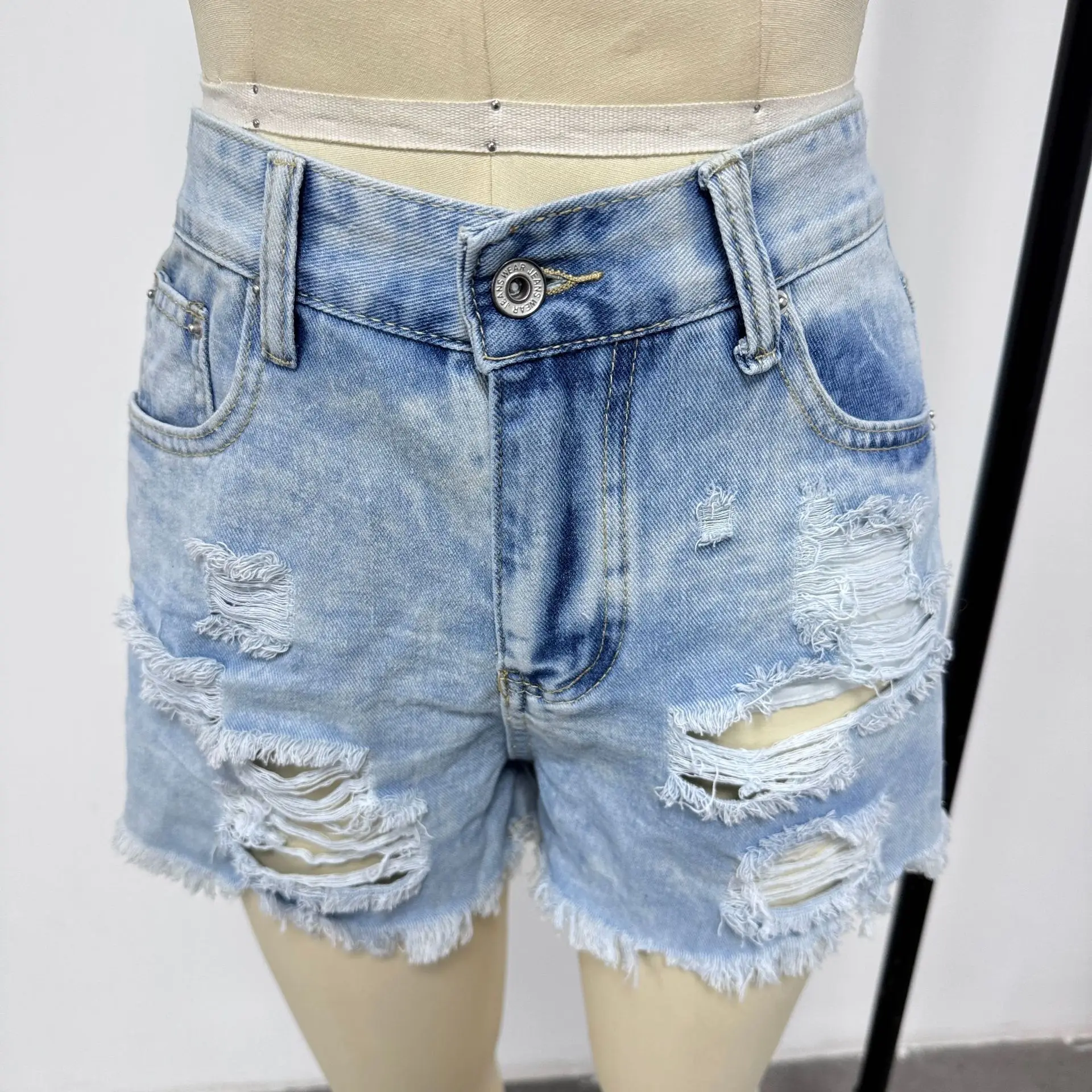 High Waist Denim Shorts Women's Frayed Hole Cross-Border Hot Pants Straight Leg Commuter Style Washed Jeans High Waist