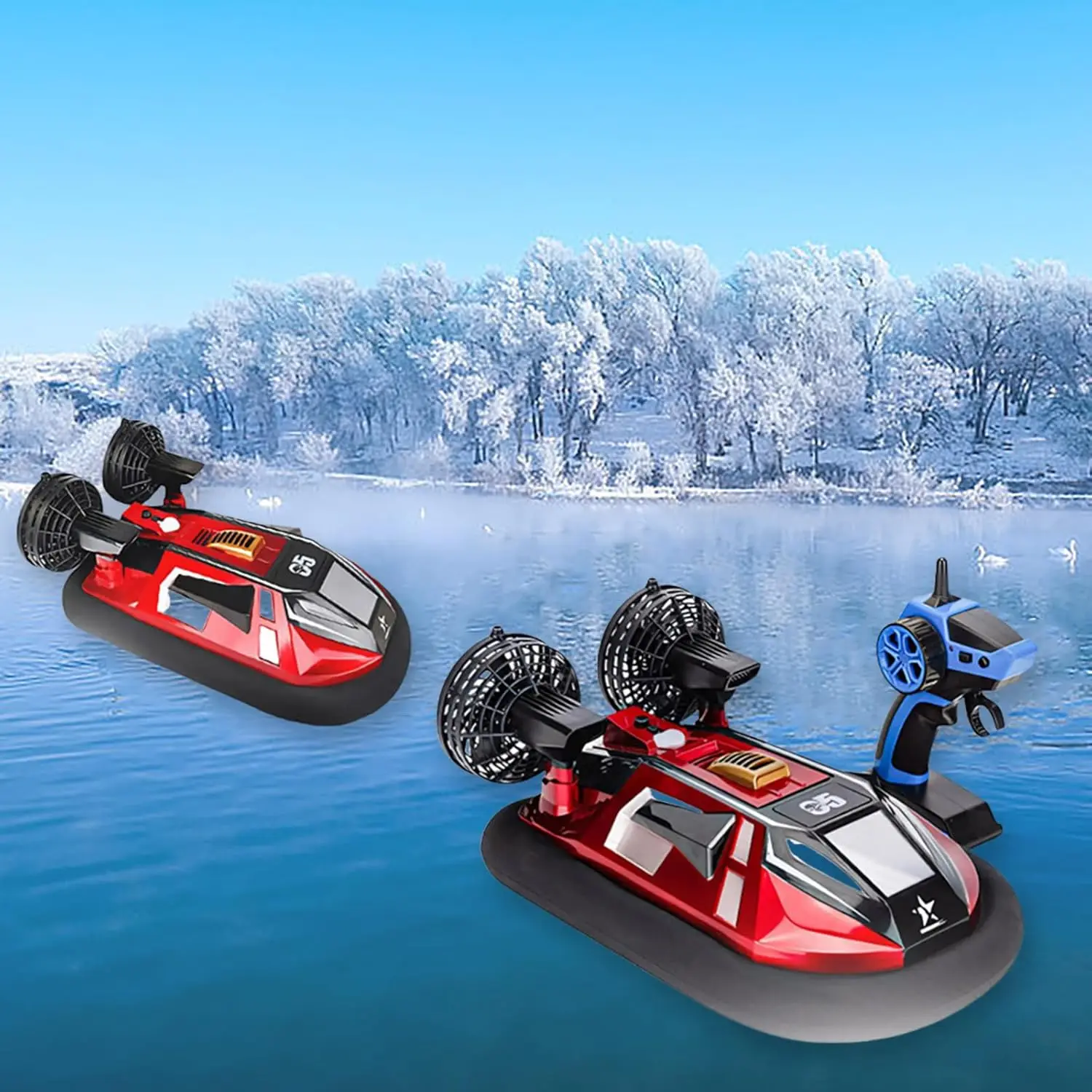 원격 조종 보트 호버크라프트 14세 이상 소년 초보자용 RC 수륙양용 선박 15km/h 듀얼 모터 얼음 위에서 걷기 가능 4W