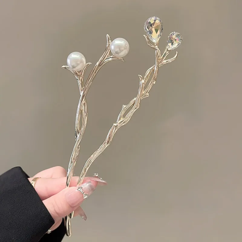 

1pc Fashionable Pearl Cross Branch Hair Clip Novel Exquisite Crystal Hair Stick Simple Casual Ponytail Stand Hair Accessory