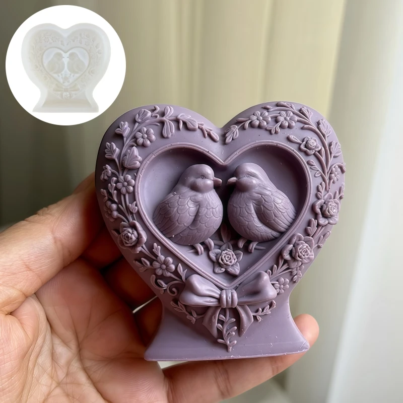 Bird Couple Relief Heart Candle Silicone Mold Valentine's Day Gift Love Bird Similar Pattern Resin Mould Bow Flower Gypsum Molds