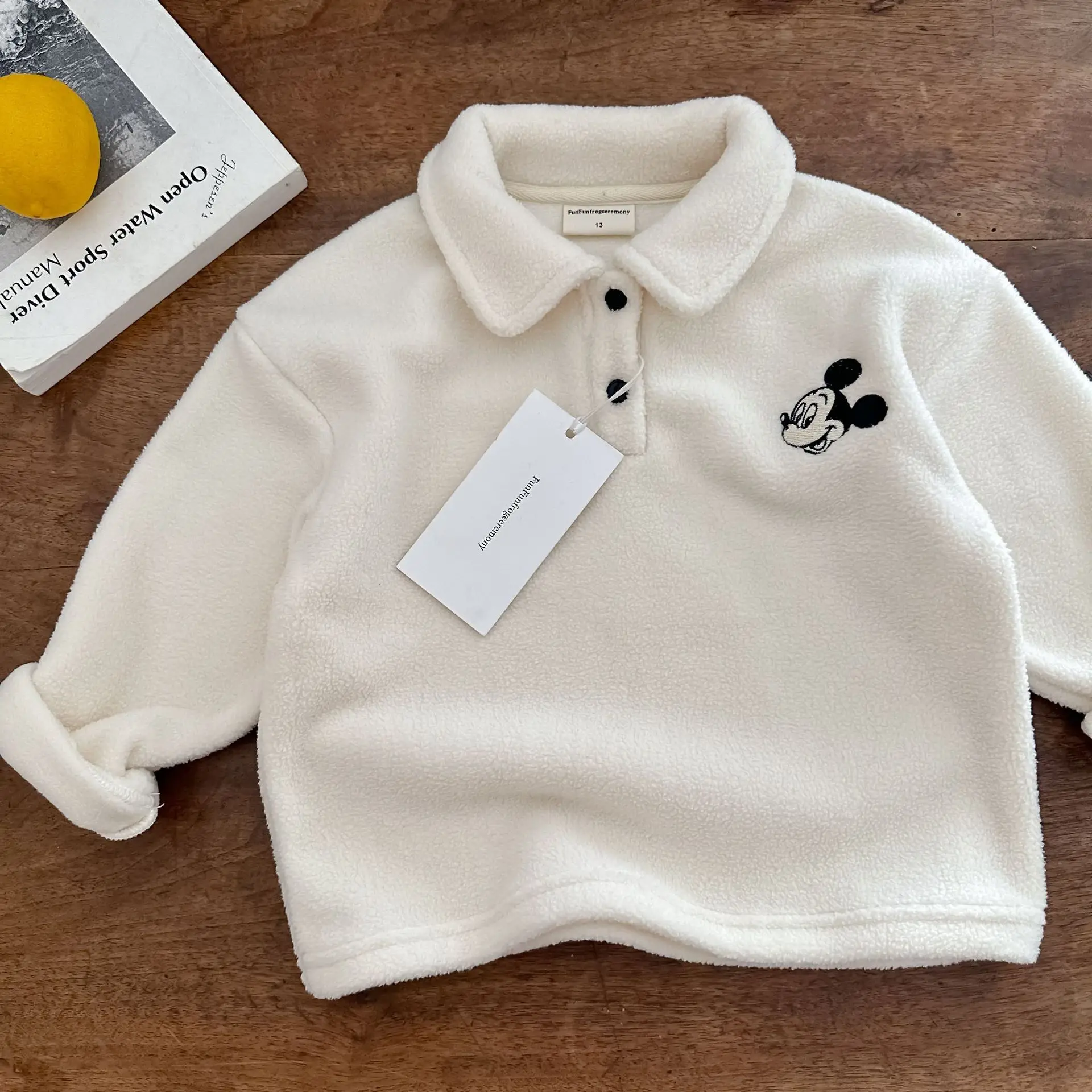 

Флисовый свитшот с длинными рукавами и Микки Диснеем для мальчиков, модные пуловеры с отложным воротником в корейском стиле, детские универсальные топы