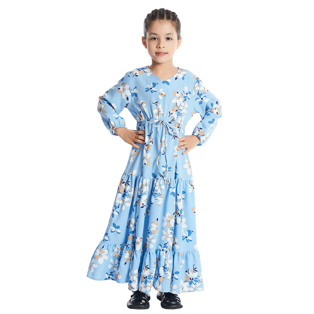 

Children Abaya Long Dress Floral Print V Neck Turkish Arabian Robe with Large Swing Muslim Kids Spring Autumn Wear Full Sleeves