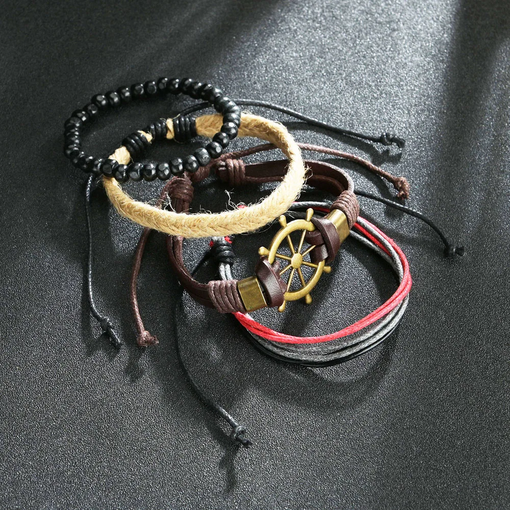 4Pcs/ Set Braided Wrap Leather Bracelets for Men Vintage Steering Wheel Rudder Charm Wood Beads Ethnic Tribal Wristbands Gift
