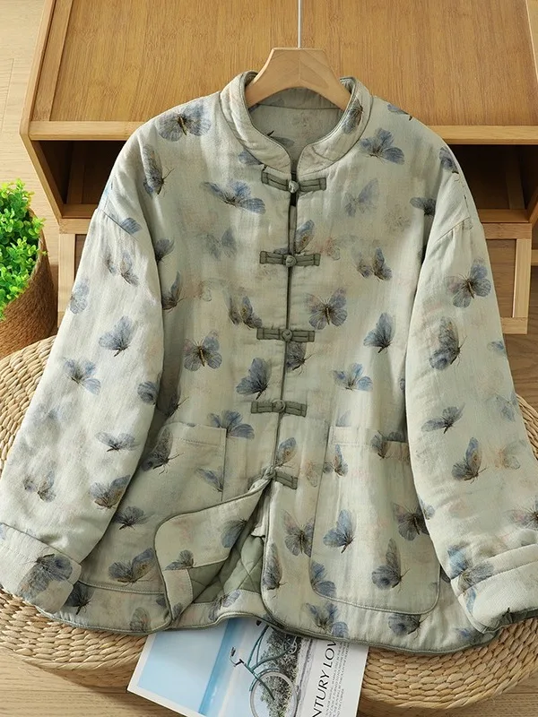 معطف نسائي من القطن والكتان من Thiened بياقة واقفة وأزرار لأعلى معطف مزدوج من القطن ساندويتش ملابس خارجية شتوية غير رسمية للتنقل