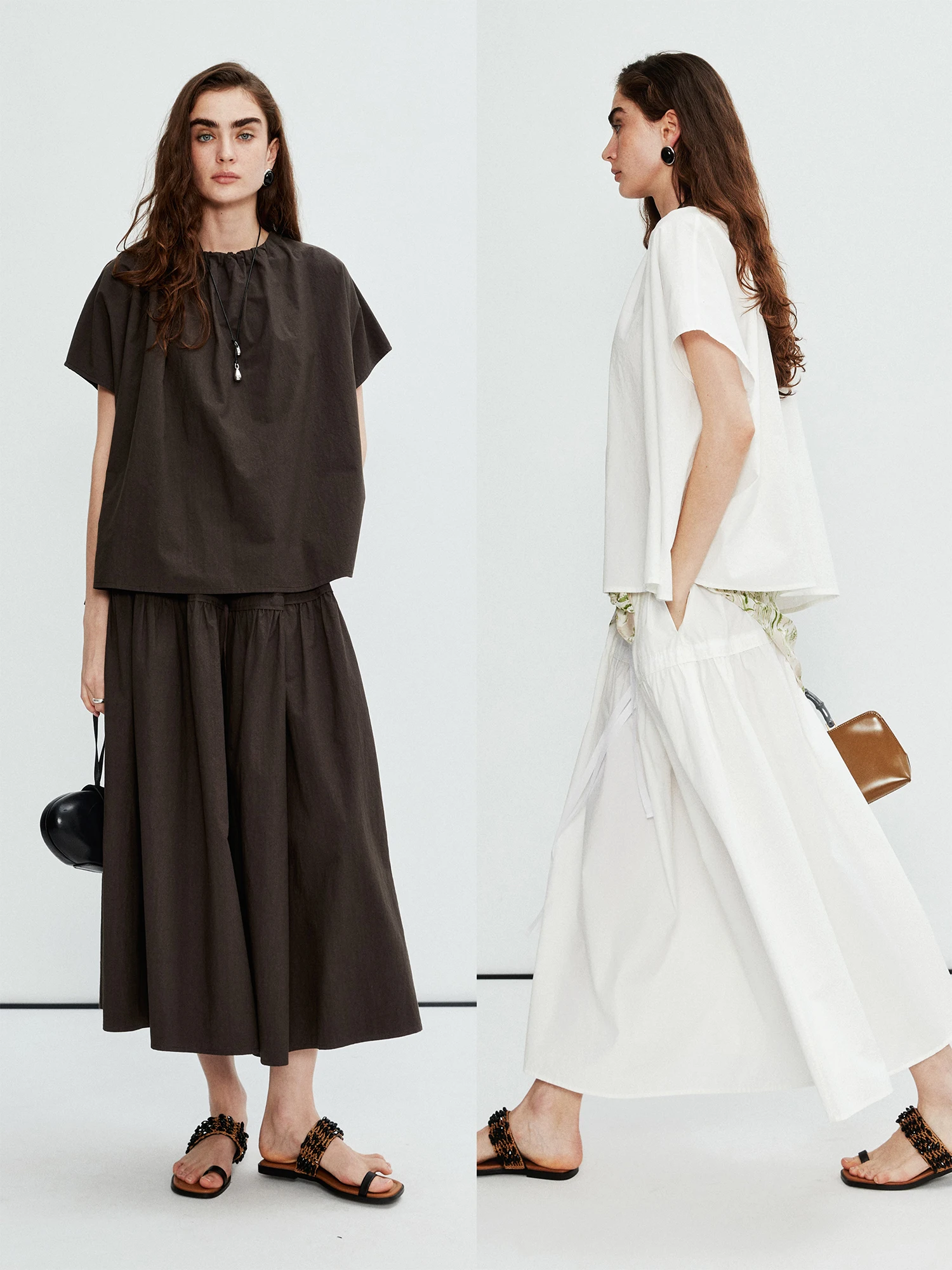 

MRS Studios Simple Pleated Collar Doll Top with Elastic Waist Dstring f Skirt Set Casual Sle Pure Color Cotton T-irt