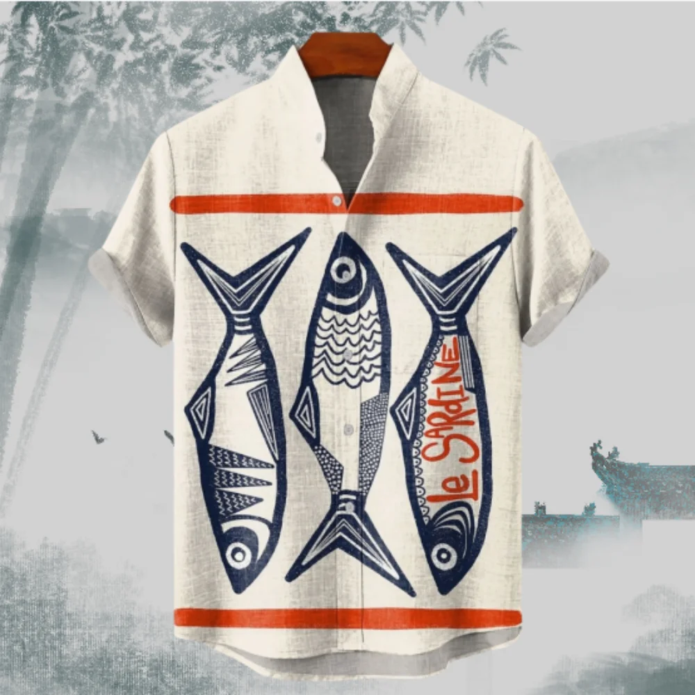 

men's summer casual linen short sleeved shirt with beautiful fish pattern printed high-quality button top