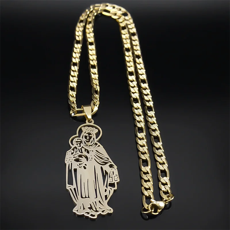 Virgin Mary and Baby Medal Hollow Necklace for Men Women OUR LADY Religious Pendant Stainless Steel Gold Color Necklaces Jewelry