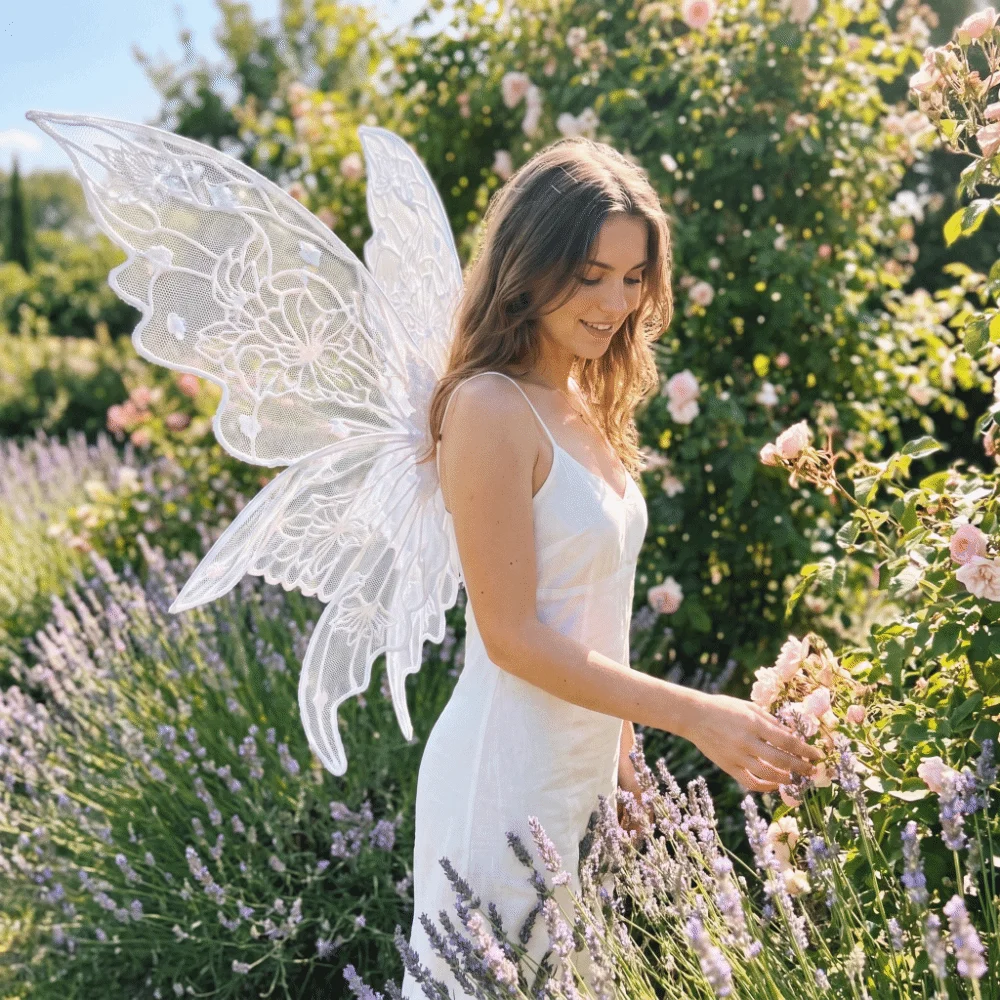 Golden-Stamped Glitter Butterfly Wings Gradient Floral Print Lightweight Fairy Elf Wings Iridescent Sheer Mesh Adjustable