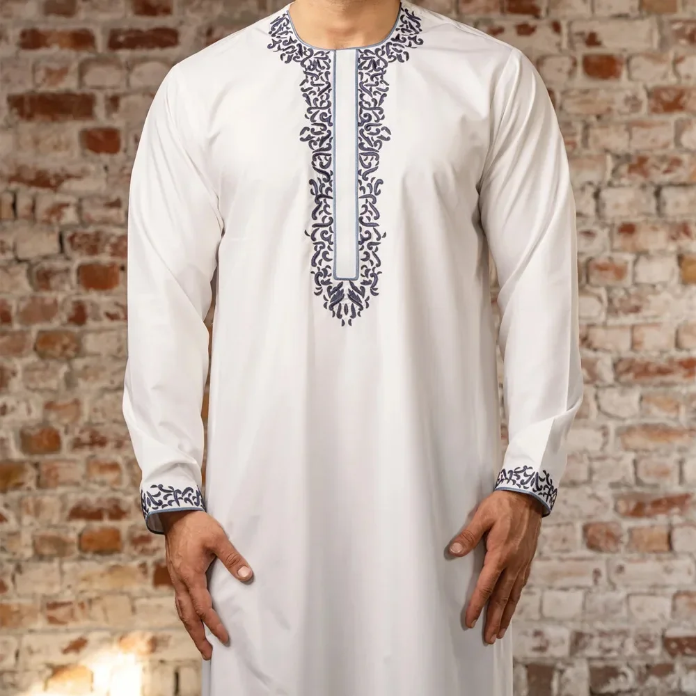 Men New Long Robe Jubba Thobe Gown Embroidery Pullover Long Sleeve Abayas Men Muslim Morocco Dubai Spliced Spring Traditional