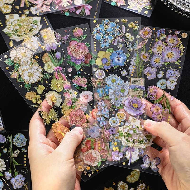 3 Sheets PET Bronzing Plant Flowers Stickers Adhesive Diy Diary Album Scrapbooking material Junk Journal Supplies