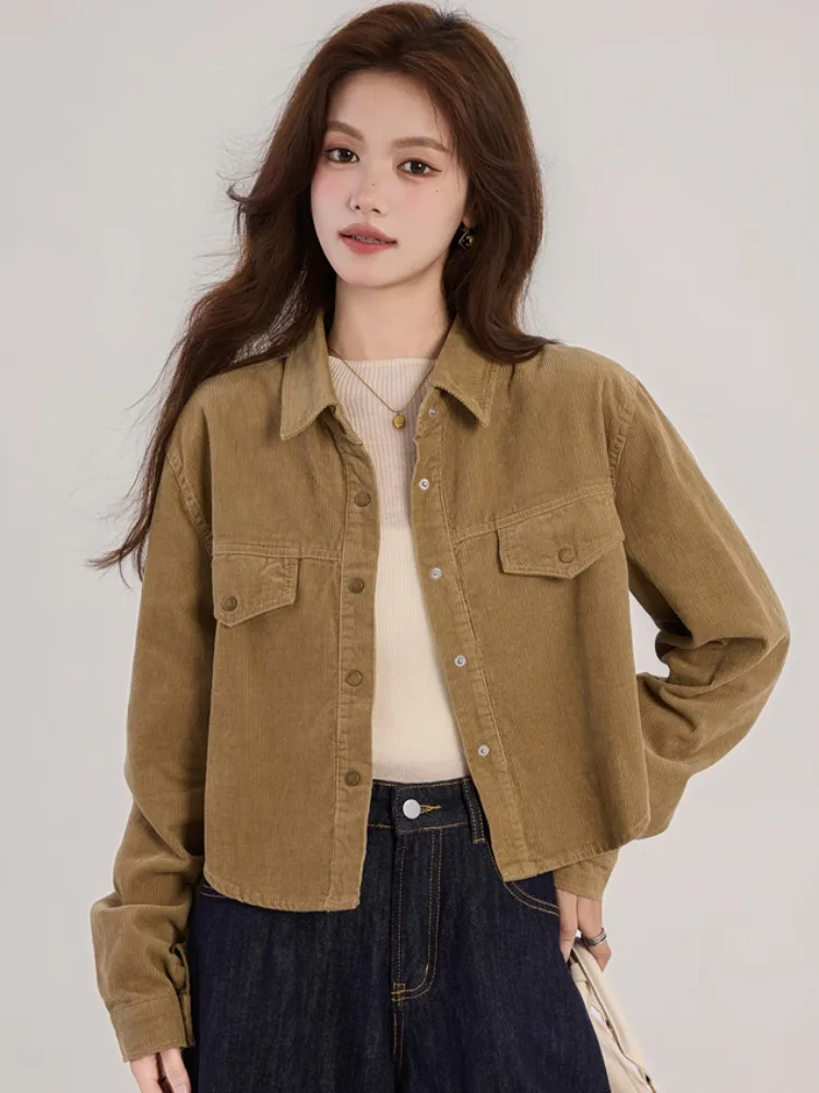 여성용 코듀로이 셔츠 루즈핏 다용도 가을 겨울 신상 캐주얼 하이 센세이션 스몰 사이즈 탑
