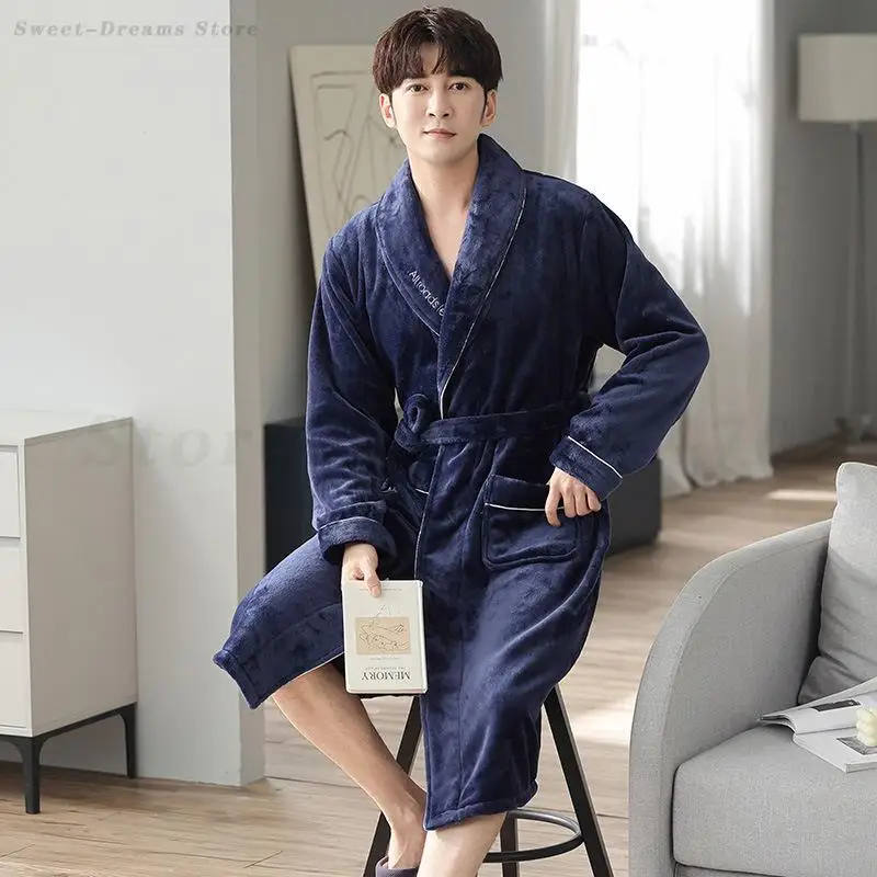 

Men's Flannel Sleepwear Robe Winter Thick Coral Fleece Bathrobe Kimono Male Warm Yukata Loose Casual Home Clothes 4XL Nightgown