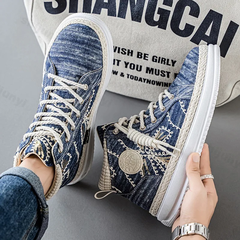 High Top Casual Denim Canvas Thick Sole Casual Shoes for Men 2025 New Autumn Fashion Weave Versatile Comfortable Chunky Sneakers