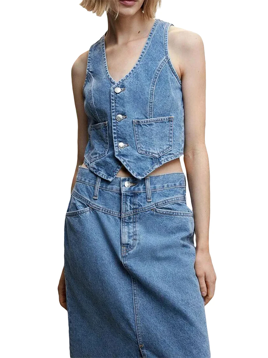 Women s Casual Sleeveless Denim Vest V Neck Open Front Button Down Jean Waistcoat Jacket with Pockets