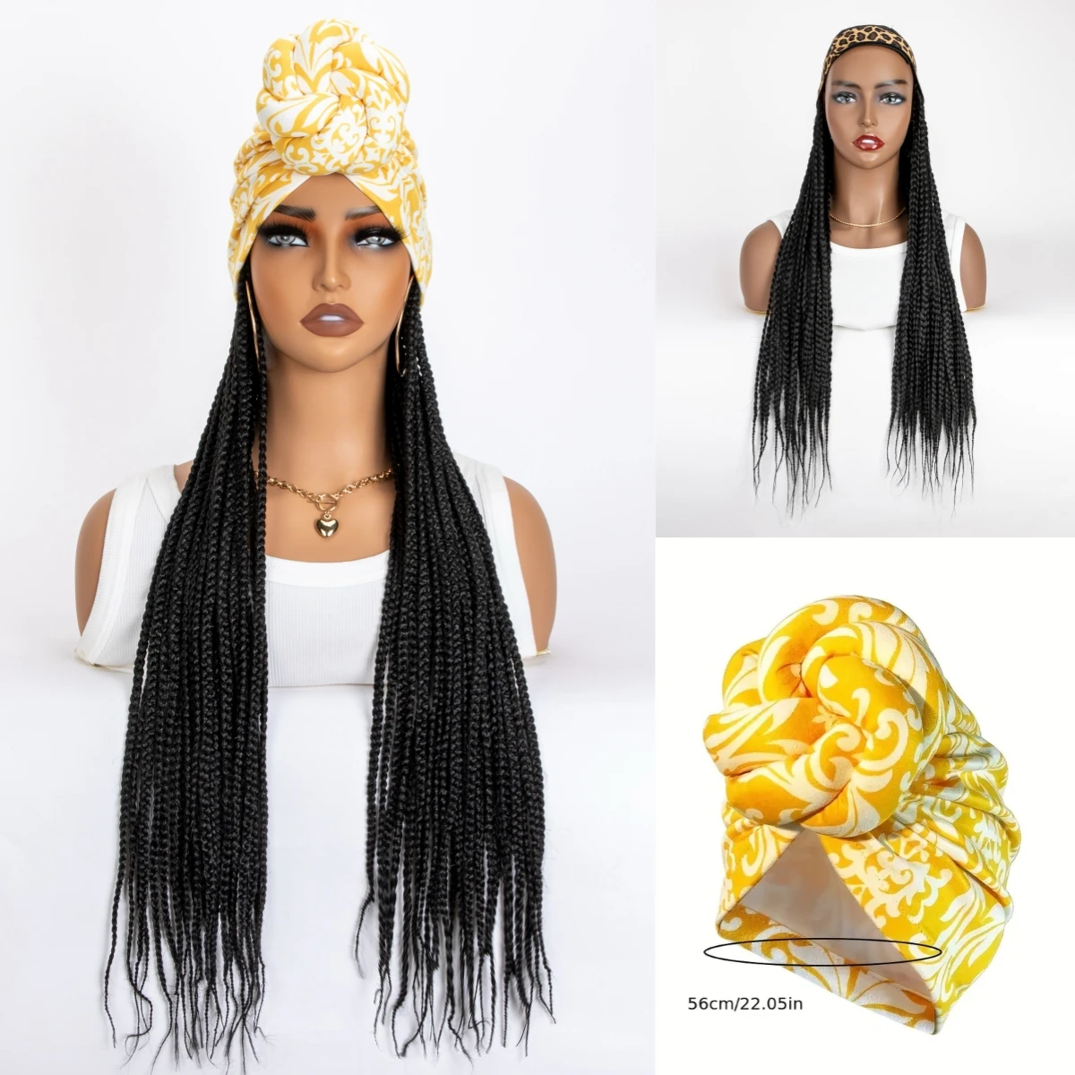 WIGERA Long 24“ Black Box Braided Synthetic Wig With Headband Turban Hat Box Braiding Hair Extensions Head Scarf  Wigs For Women