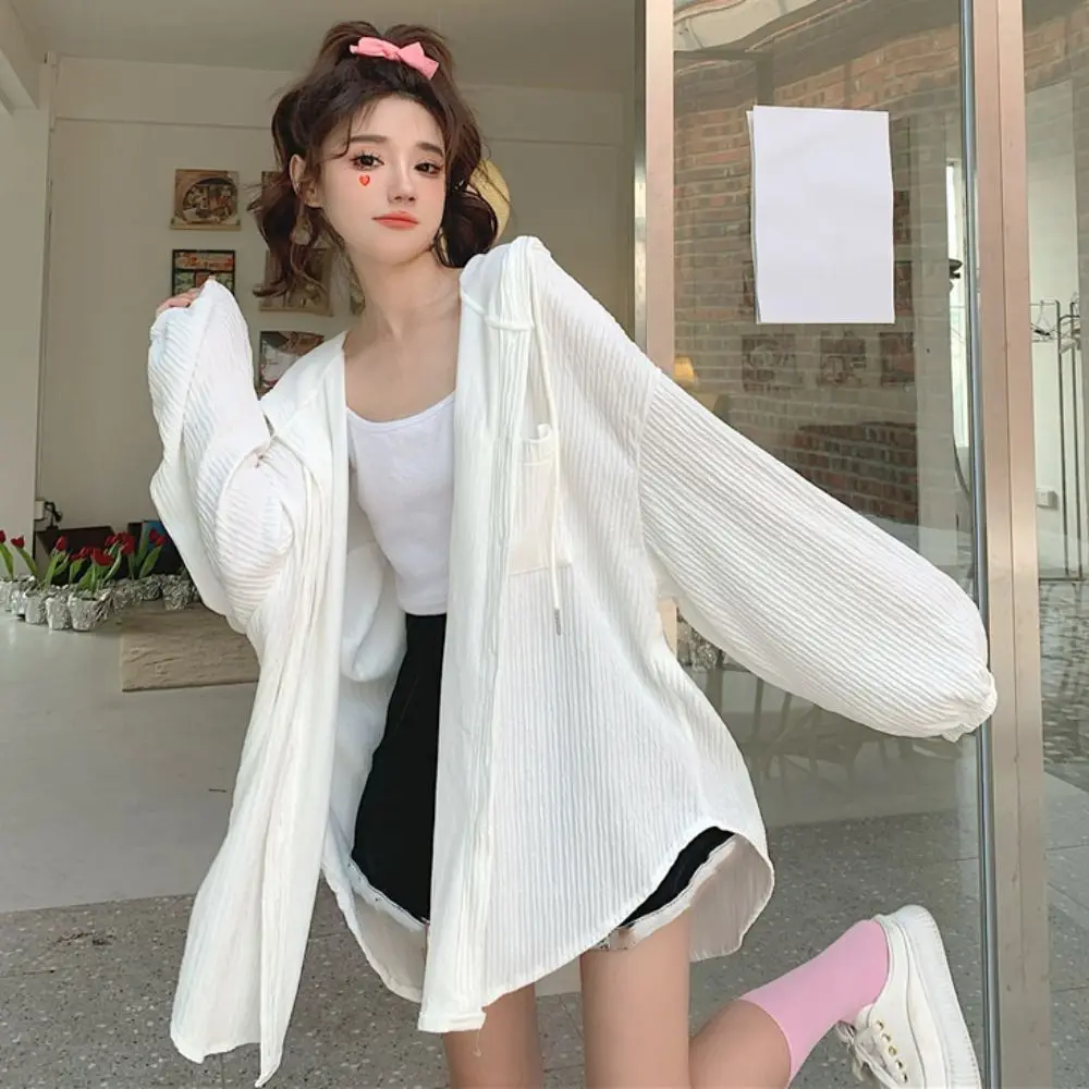 Comfortable Drawstring Hooded Shirt Ice Silk Simple Long Sleeved Hooded Loose Clothing Sun Protection Tops Holiday