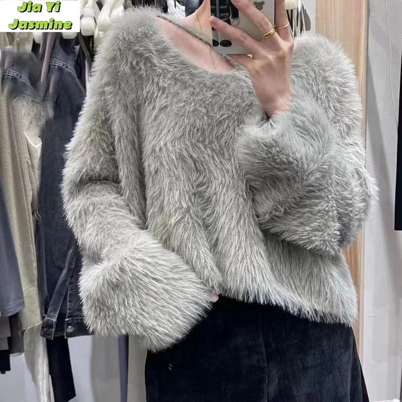 Korean Short Sweater Women's Autumn and Winter Loose Sweater Lazy Style Fluffy White Collarbone Sweater