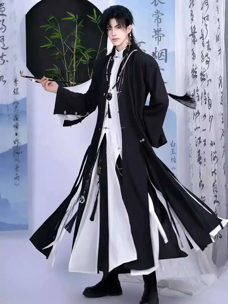 2025 New Chinese Style Long Gown Coat Windbreaker Black And White Powder Jie Yuchen Qi Sili Sariel Cosplay Costume