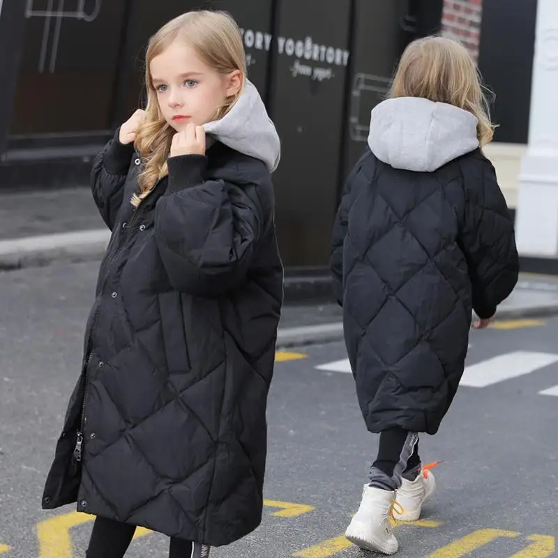 Teens Girls Winter Long Hooded Jacket 5-14 Years Cotton Padded Warm Coat for Big Girls Black Overcoat Sizes 8 9 10 11 12 13